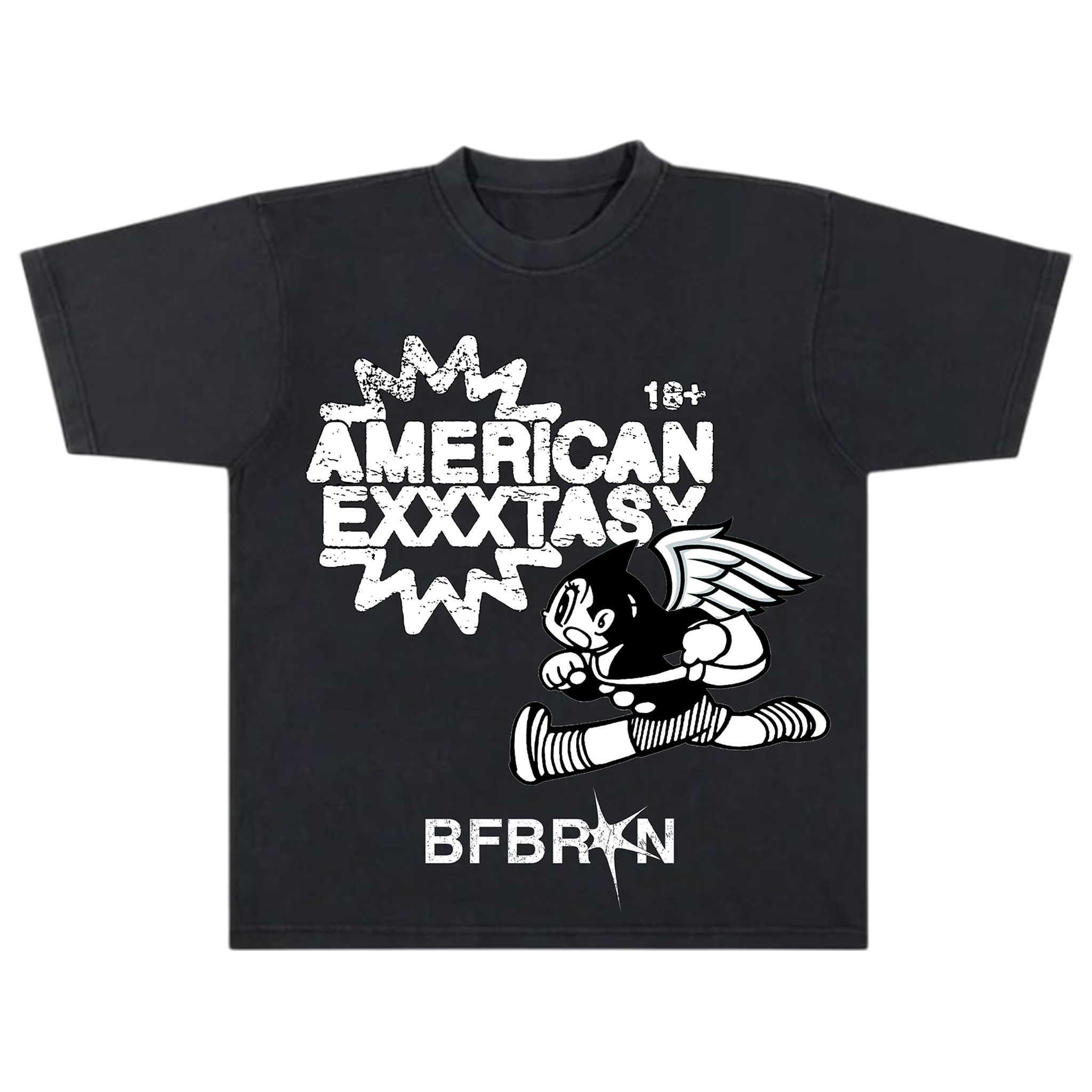 Black t-shirt with white graphic design and text on a white background